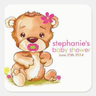 Pegatina Cuadrada Cuidada acuarela Bear Chica Baby Shower
