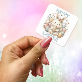 Pegatina Cuadrada Cuidada acuarela Bunny Easter