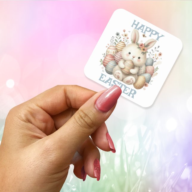Pegatina Cuadrada Cuidada acuarela Bunny Easter (Cute watercolor Bunny Easter Square Sticker)