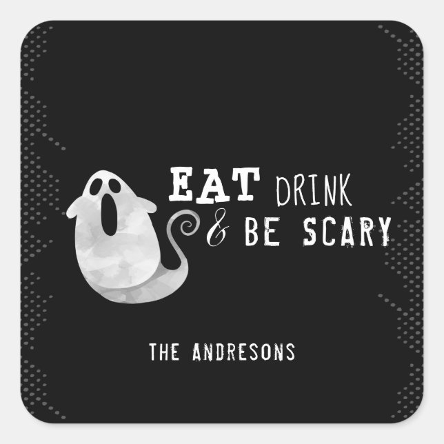 Pegatina Cuadrada Cuidada acuarela Fantasma Bebida Comida Ser Asusta (Anverso)