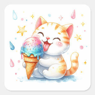 Pegatina Cuadrada Cuidada Acuarela Gato Comer Helado Crema Whimsical