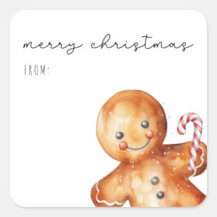 Pegatina Cuadrada Cuidada acuarela Gingerbread Man   Feliz Navidad