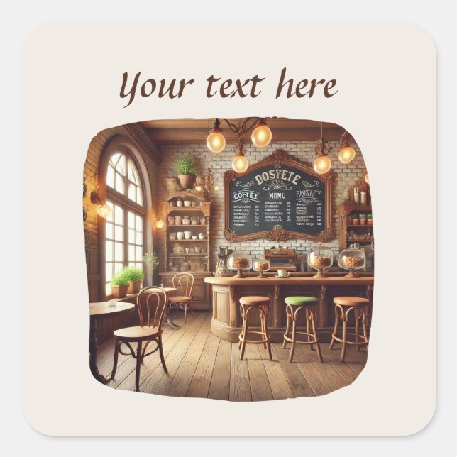 Pegatina Cuadrada Cuidada añada su café de texto (Anverso)