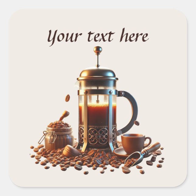 Pegatina Cuadrada Cuidada añada su café de texto (Anverso)