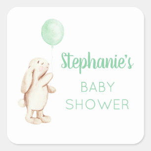 Pegatina Cuadrada Cuidada Bunny & Green Balloon Watercolor Baby Show