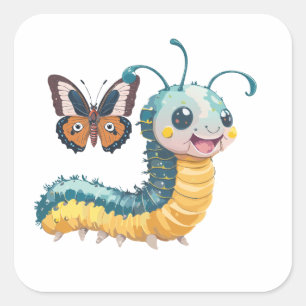 Pegatina Cuadrada Cuidada Caterpiller Con Cara Feliz Y Mariposa