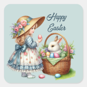 Pegatina Cuadrada Cuidada feliz chica de Pascua agregar texto Cuadra