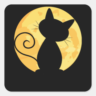 Pegatina Cuadrada Cuidada silueta gata luna llena Halloween Funny