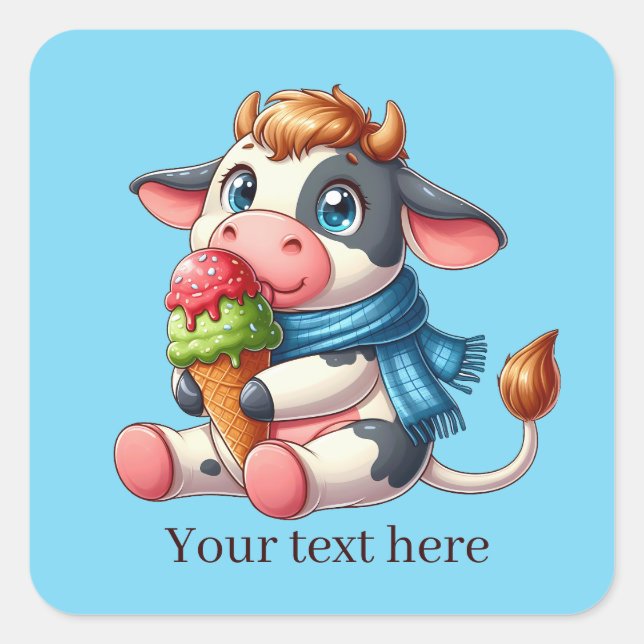 Pegatina Cuadrada Cuidada vaca de helado agregar texto (Anverso)