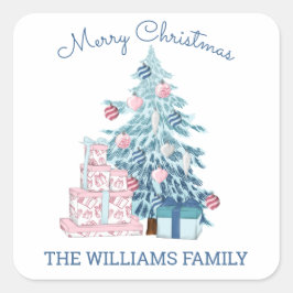 Pegatina Cuadrada Cuidado árbol de Navidad azul Feliz Navidad