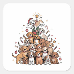 Pegatina Cuadrada Cuidado árbol de Navidad Perro de Navidad árbol de