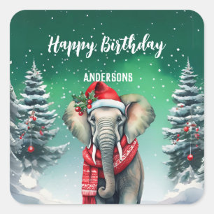 Pegatina Cuadrada Cuidado elefante chica de cumpleaños de Navidad fi