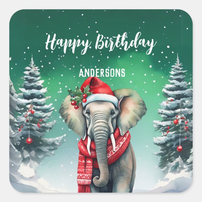 Pegatina Cuadrada Cuidado elefante chica de cumpleaños de Navidad fi (Anverso)