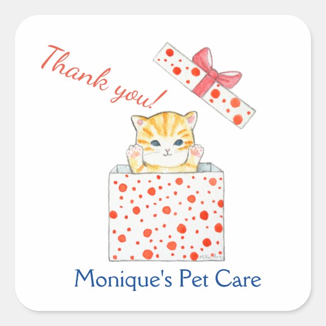 Pegatina Cuadrada Cuidado gatito de tabby naranja en un personalizad (Anverso)