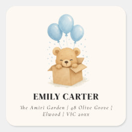 Pegatina Cuadrada Cuidado globo azul Minimalista Bear Boy Baby Showe