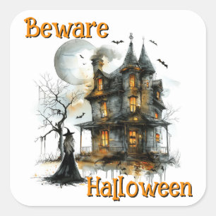 Pegatina Cuadrada Cuidado Halloween - Aviso De Caída Nocturna