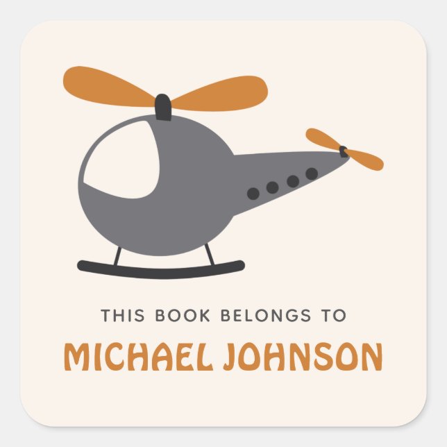 Pegatina Cuadrada Cuidado Helicóptero y nombre de niño (Anverso)