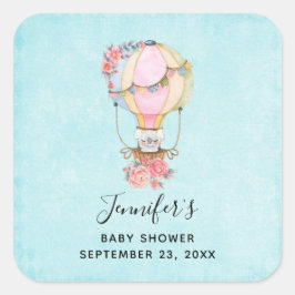 Pegatina Cuadrada Cuidado Hot Air Balloon Watercolor Baby Shower