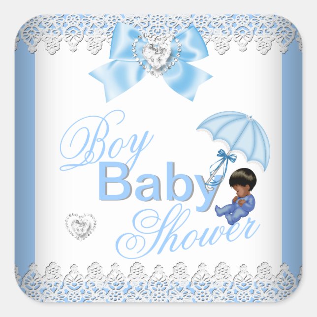 Pegatina Cuadrada Cuidado niño Baby Shower Azul Blanco Africano (Anverso)