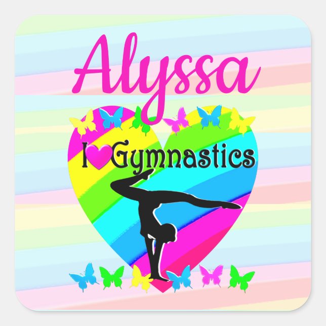 PEGATINA CUADRADA CUIDADO Y COLORIDO ME ENCANTA LA GIMNASTICA (Anverso)