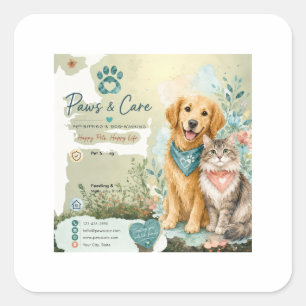 Pegatina Cuadrada Cuidador de Mascotas de Perro y Gato Adorable