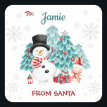 Pegatina Cuadrada Cuidados Navidades De Snowman De To Square Pegatin<br><div class="desc">Pegatina de regalos cuadrados de Navidades con un lindo muñeco de nieve,  conejito y árbol de Navidad en un bosque nevado para los cumpleaños de los niños alrededor de los Navidades. Puede personalizarlo fácilmente.</div>