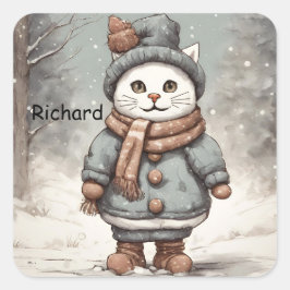 Pegatina Cuadrada Cuidados Navidades Gato Snowman Watercolor Whimsic