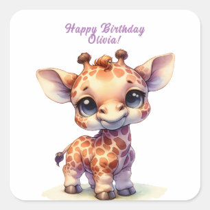 Pegatina Cuadrada Cuidadosa jirafa feliz cumpleaños