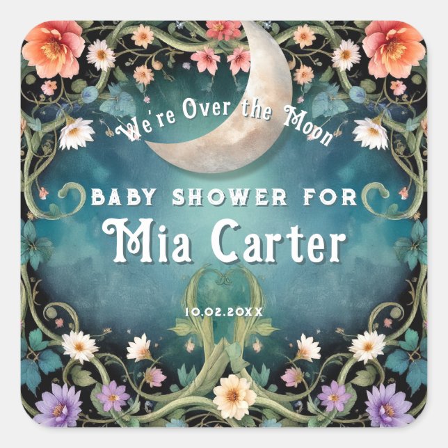 Pegatina Cuadrada Cumple Mes de Niña Sobre la Luna Rosa Flores Baby  (Anverso)