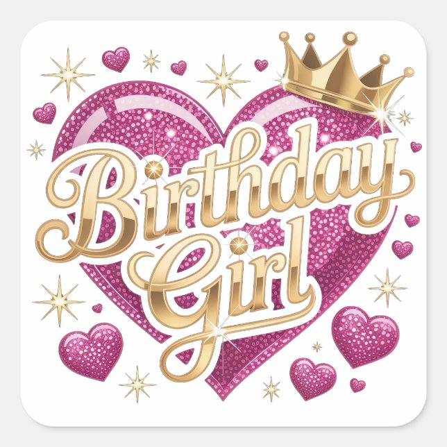 Pegatina Cuadrada Cumpleañera Corazón de Purpurina (Anverso)