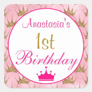 Pegatina Cuadrada Cumpleaños 1º Princesa Femenina Rosa Brillante Dor