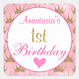 Pegatina Cuadrada Cumpleaños 1º Rosa y Dorado Brillante Princesa Fem