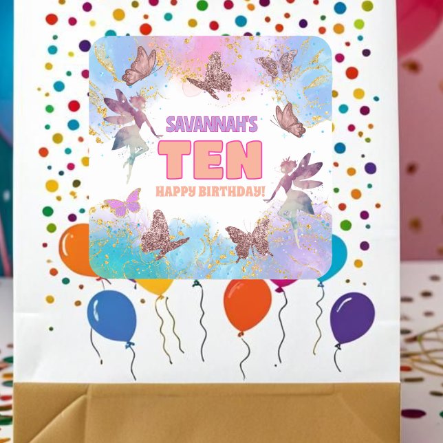 Pegatina Cuadrada Cumpleaños 10 Mariposas Hada Dorado Brillo Fiesta (Subido por el creador)
