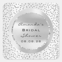 Pegatina Cuadrada Cumpleaños 16 Brillante Gris Confeti Plata