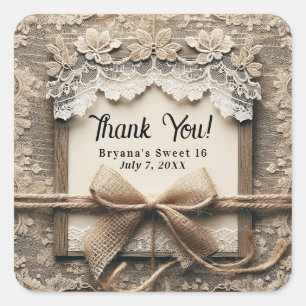 Pegatina Cuadrada Cumpleaños 16 Dulce Encaje Floral Vintage con Lazo