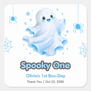 Pegatina Cuadrada Cumpleaños 1 Azul Cute Fantasma Espeluznante Hallo