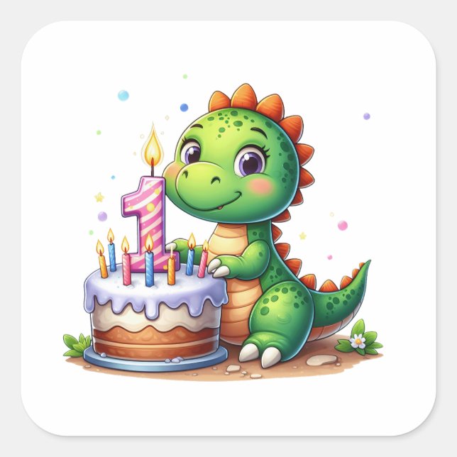 Pegatina Cuadrada Cumpleaños 1 de Dino (Anverso)