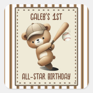 Pegatina Cuadrada Cumpleaños 1 Homerun Hitter Stripe Baseball Bear 