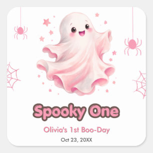 Pegatina Cuadrada Cumpleaños 1 Pink Cute Ghost Spooky Halloween