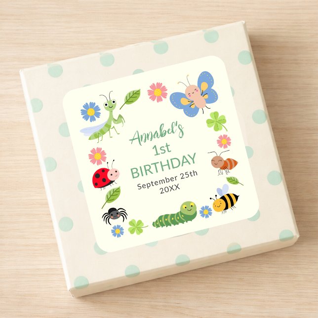 Pegatina Cuadrada Cumpleaños 1er Cute Bug Ladybug Buttefly Niños  (Subido por el creador)