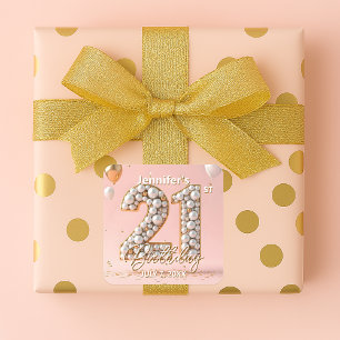 Pegatina Cuadrada Cumpleaños 21 elegante con rosa y dorado perlado