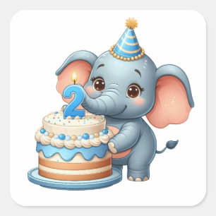 Pegatina Cuadrada Cumpleaños 2 de elefante lindo