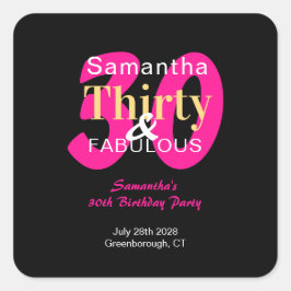 Pegatina Cuadrada Cumpleaños 30 30 y Fabuloso Fiesta Rosa Fucsia y N