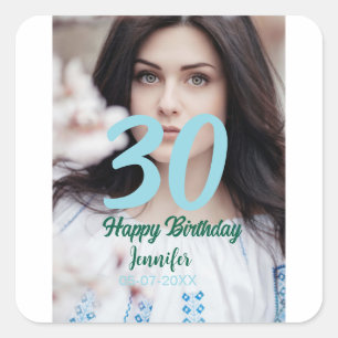 Pegatina Cuadrada cumpleaños 30 agregar nombre fecha año foto blanca