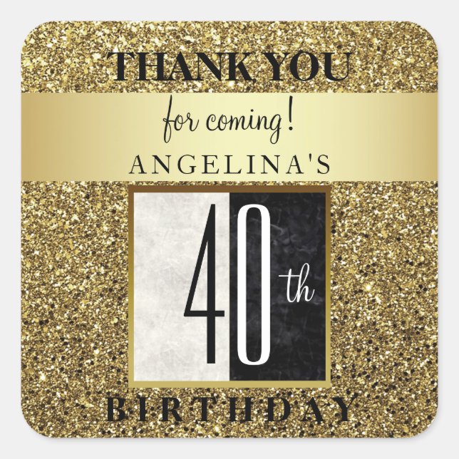 Pegatina Cuadrada Cumpleaños 40 Brillante Oro Gracias (Anverso)