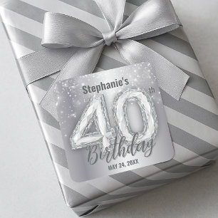 Pegatina Cuadrada Cumpleaños 40 Brillante Plata Diamante Deslumbrant