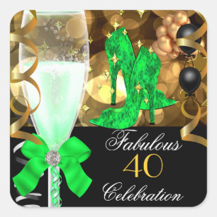 Pegatina Cuadrada Cumpleaños 40 & Fabuloso Verde Lima Dorado Negro