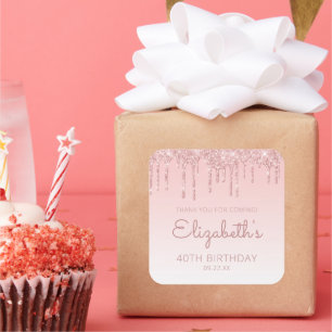 Pegatina Cuadrada Cumpleaños 40 Pink Glitter Drip Agradecimiento Fie