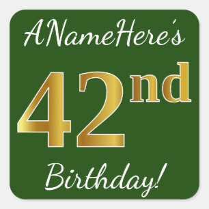 Pegatina Cuadrada Cumpleaños 42 de Verde, Dorado Falso + Nombre Pers