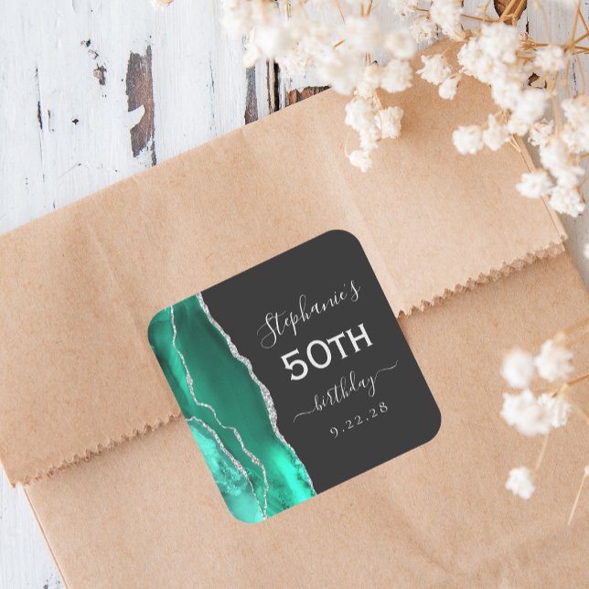 Pegatina Cuadrada Cumpleaños 50 Agate Seafoam Verde Plata Oscuro (Subido por el creador)